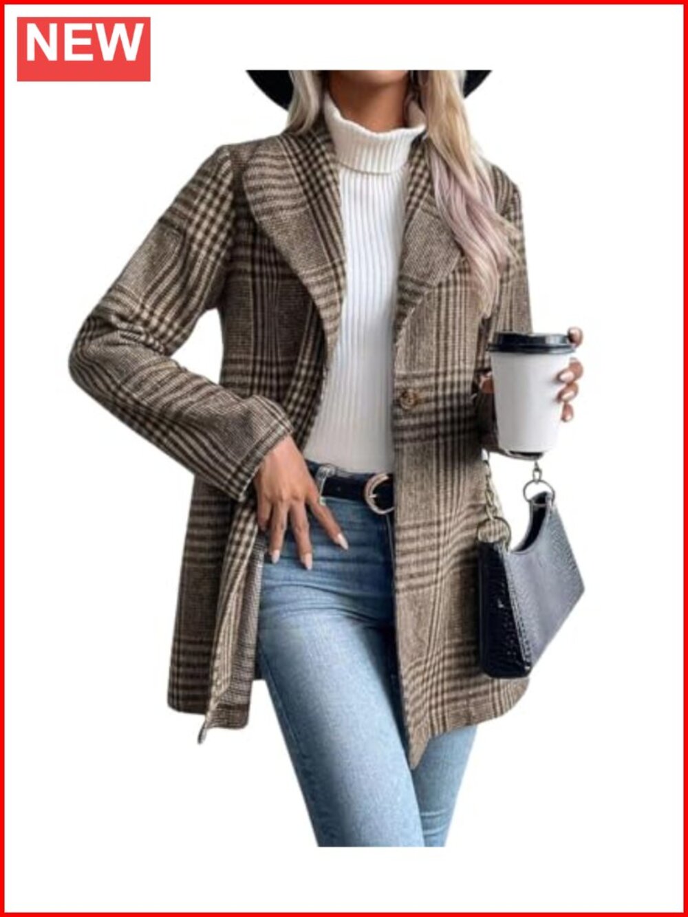 Women's Vintage Plaid Wool Blend Shawl Collar Trench Pea Coat